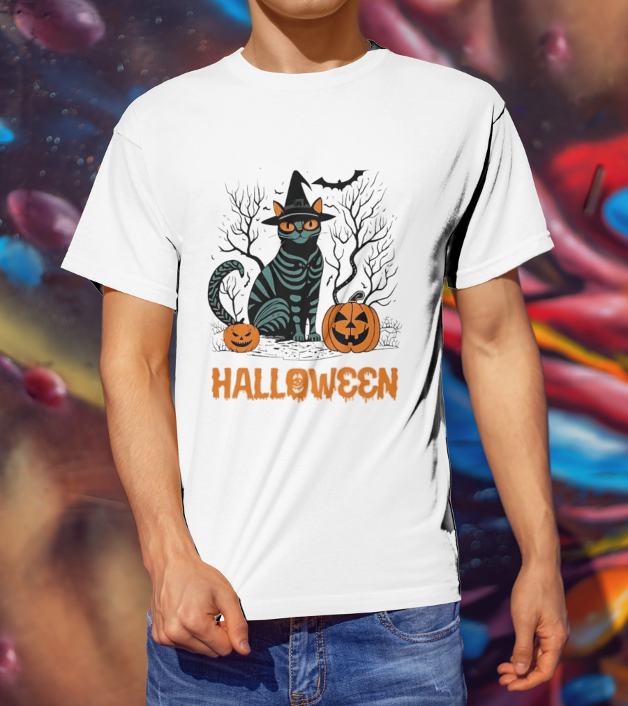 Halloween Skeleton Cat Witch Hat Pumpkins Spooky Forest Scene T-Shirt