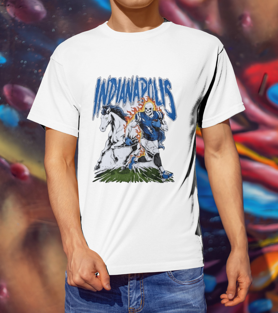 Indianapolis Football Skull And Horse Sports Flame Player Running T-Shirt