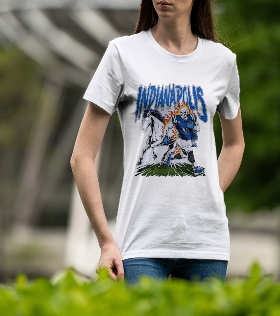 Indianapolis Football Skull And Horse Sports Flame Player Running T-Shirt