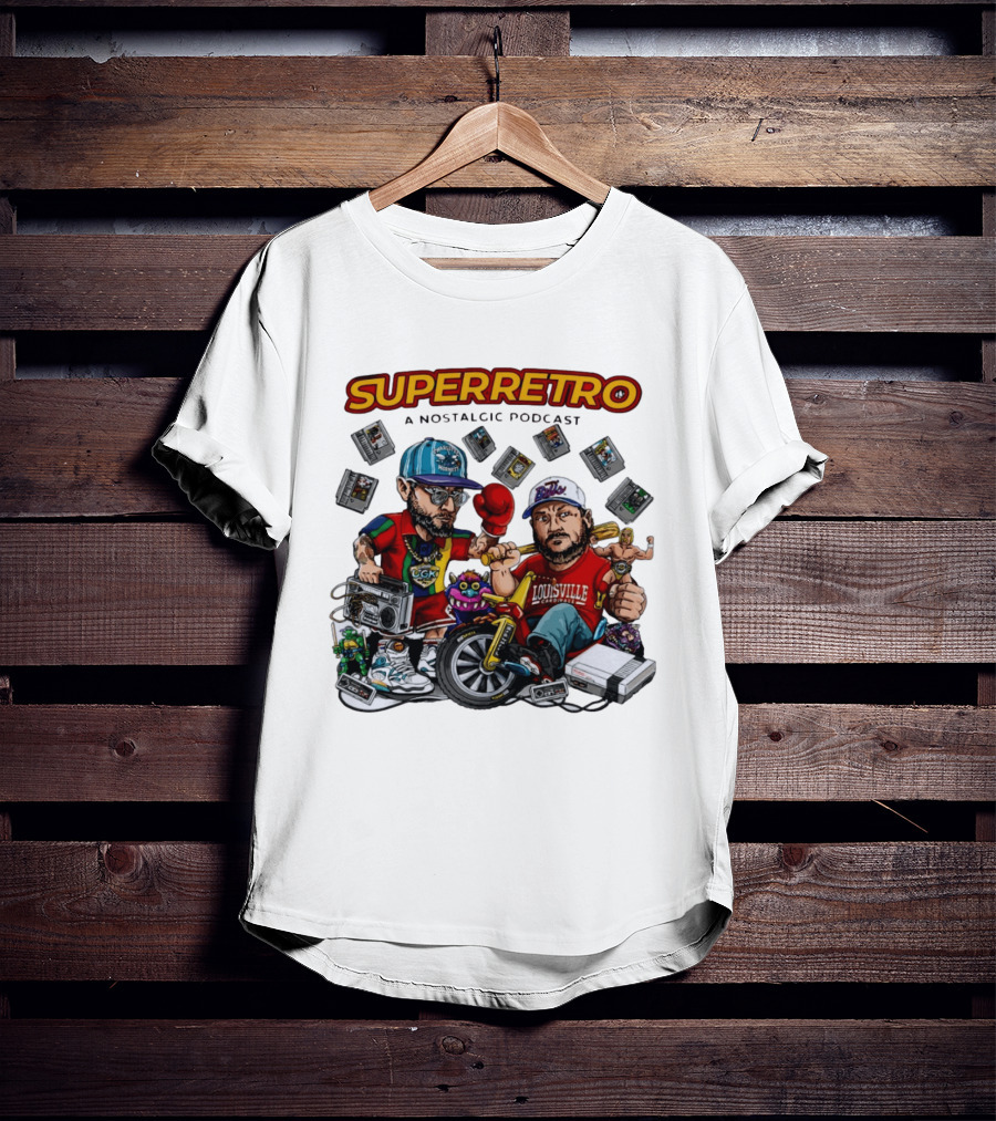 SuperRetro A Nostalgic Podcast Charlotte Hornets Louisville Cardinals Boombox Ugk Figurines Retro Games T-Shirt