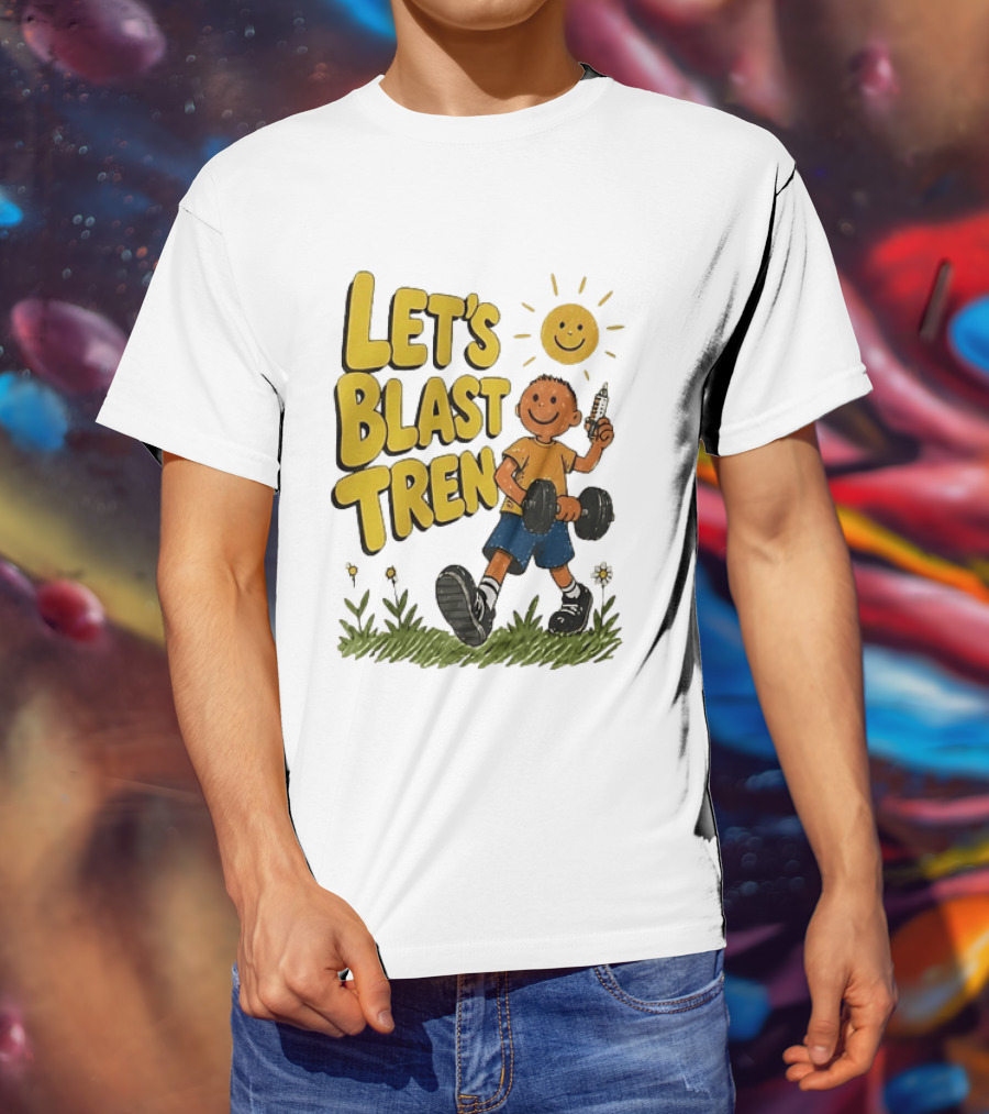 Let's Blast Tren Bodybuilding Fitness Workout Cartoon Dumbbell Sun T-Shirt