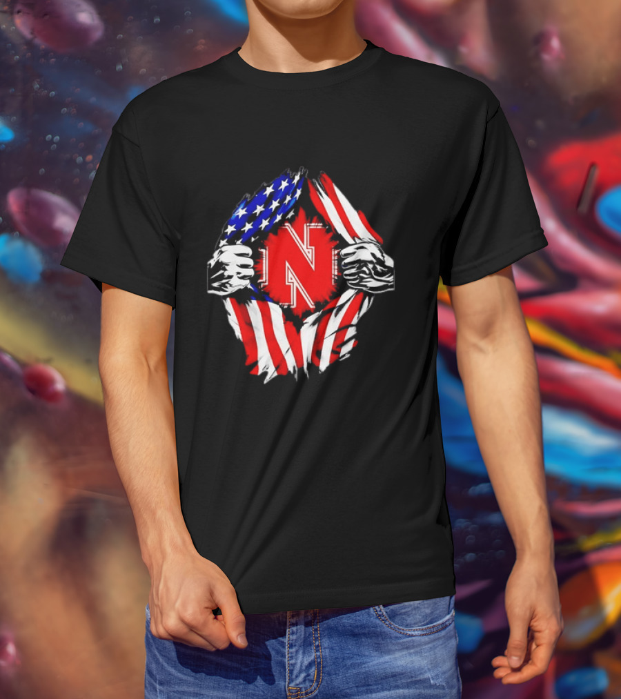 Nebraska Cornhuskers N Logo Ripped American Flag T-Shirt