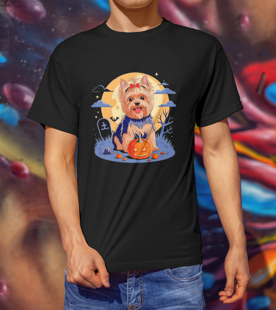 Yorkshire Terrier With Pumpkin On Spooky Halloween Night T-Shirt