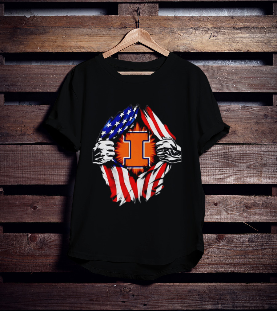 Illinois Fighting Illini I Letter American Flag Patriotic Rip T-Shirt