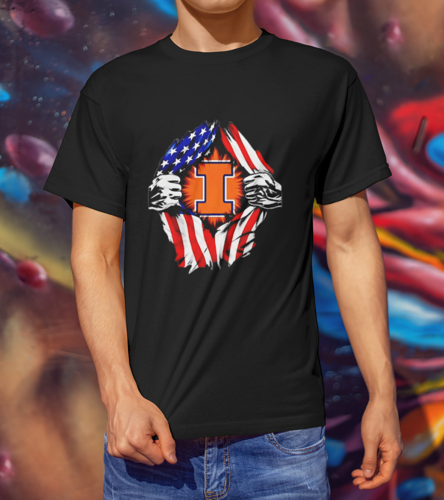 Illinois Fighting Illini I Letter American Flag Patriotic Rip T-Shirt