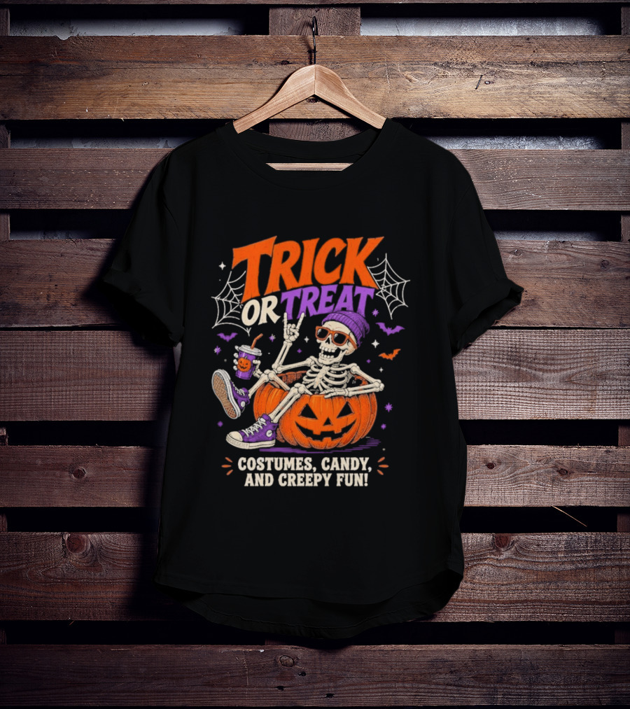 Skeleton Trick Or Treat Costumes Candy And Creepy Fun Halloween Party T-Shirt