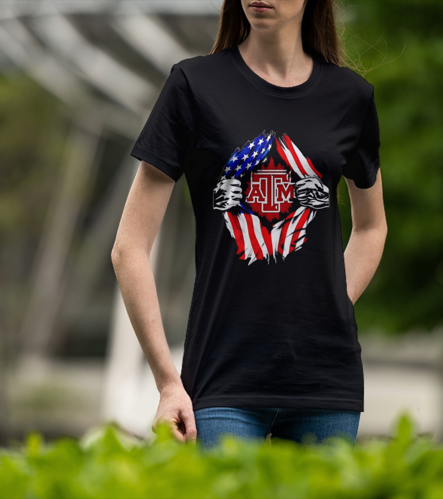 Texas A And M University Ripped Chest American Flag T-Shirt