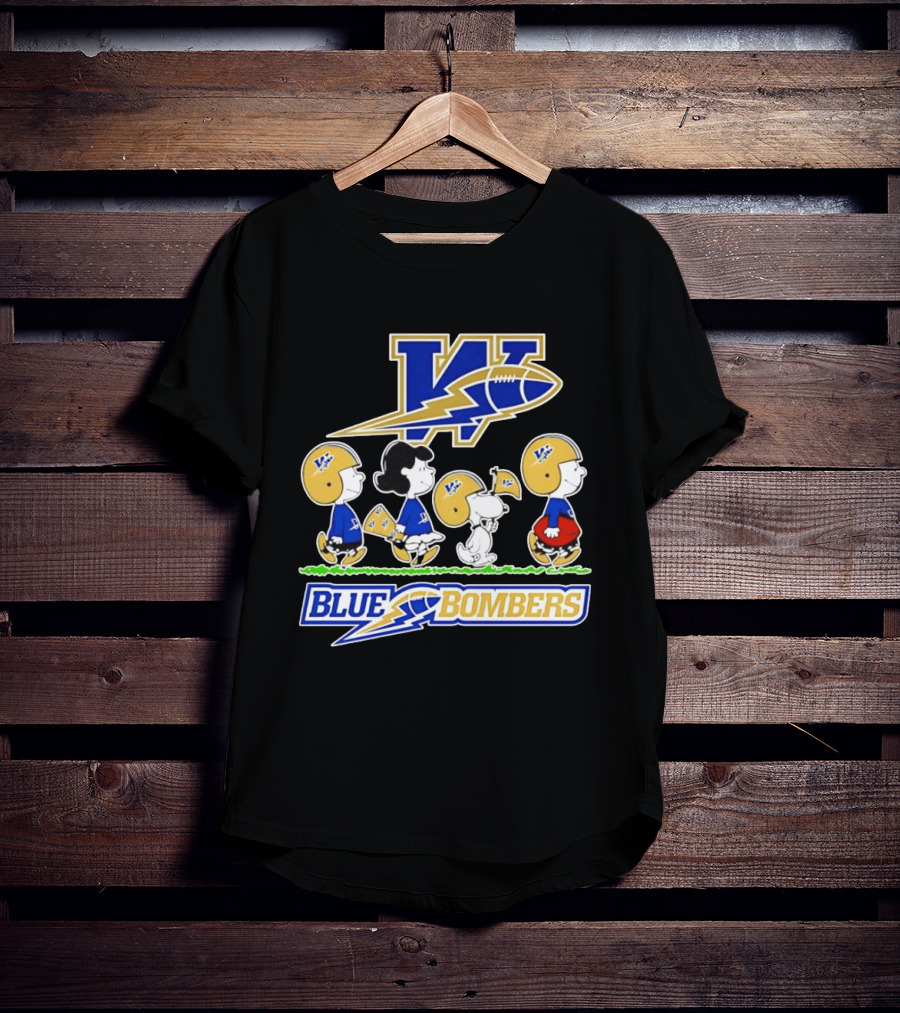 Peanuts Characters Winnipeg Blue Bombers CFL Collaboration Charlie Brown Snoopy Lucy Football Helmets T-Shirt