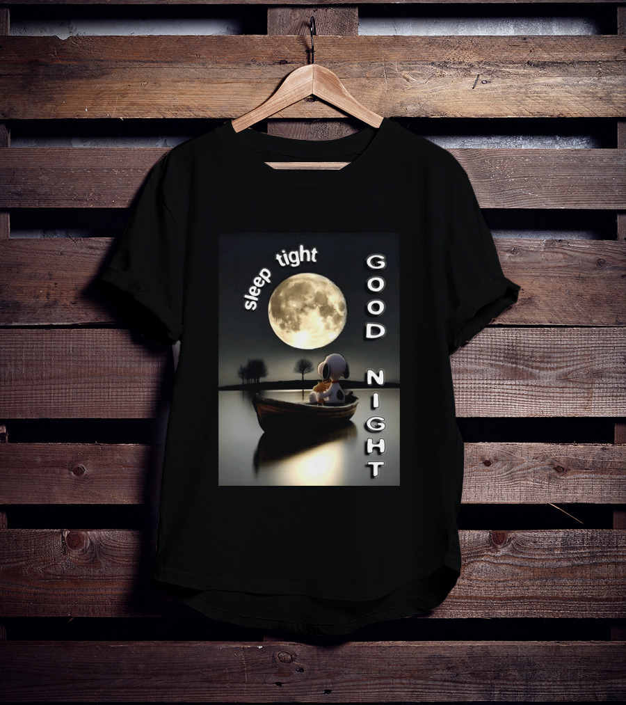 Sleep Tight Good Night Snoopy And Woodstock Moonlight Boat Scene T-Shirt
