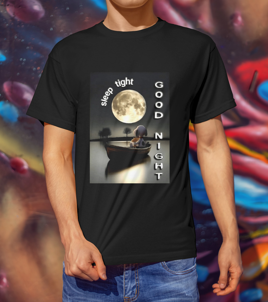 Sleep Tight Good Night Snoopy And Woodstock Moonlight Boat Scene T-Shirt