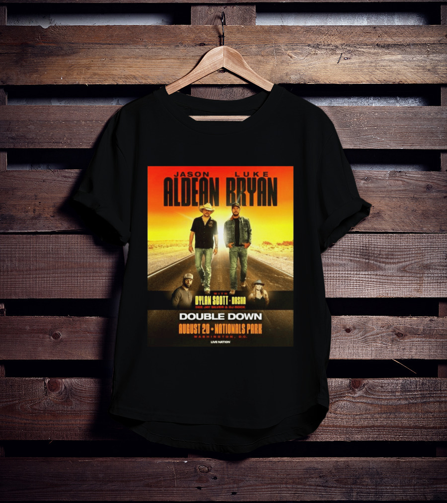 Jason Aldean Luke Bryan Double Down August 20 Nationals Park Washington D.C. With Dylan Scott Dasha Dee Jay Silver Dj Rock Live Nation T-Shirt