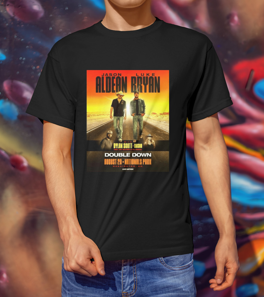 Jason Aldean Luke Bryan Double Down August 20 Nationals Park Washington D.C. With Dylan Scott Dasha Dee Jay Silver Dj Rock Live Nation T-Shirt
