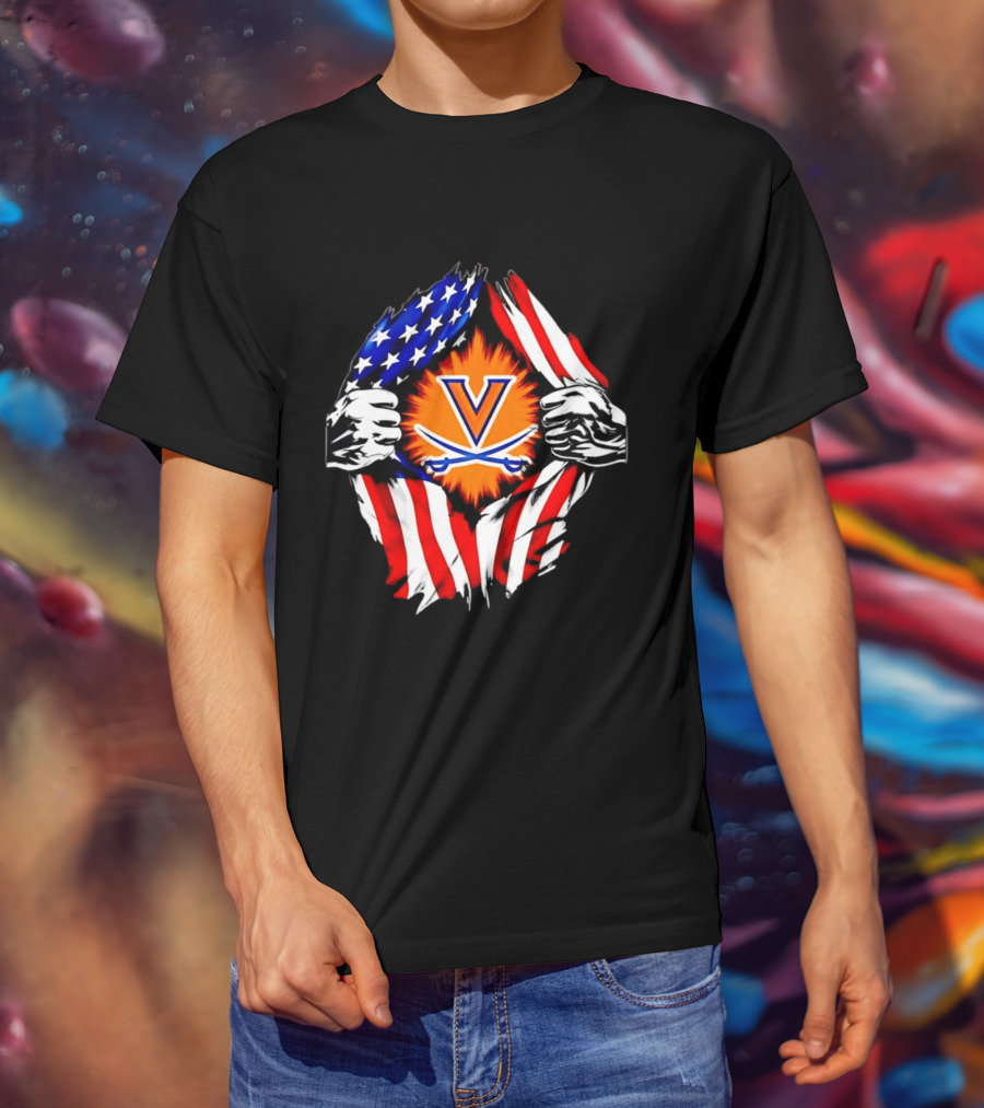 Virginia Cavaliers American Flag Ripped Chest V T-Shirt