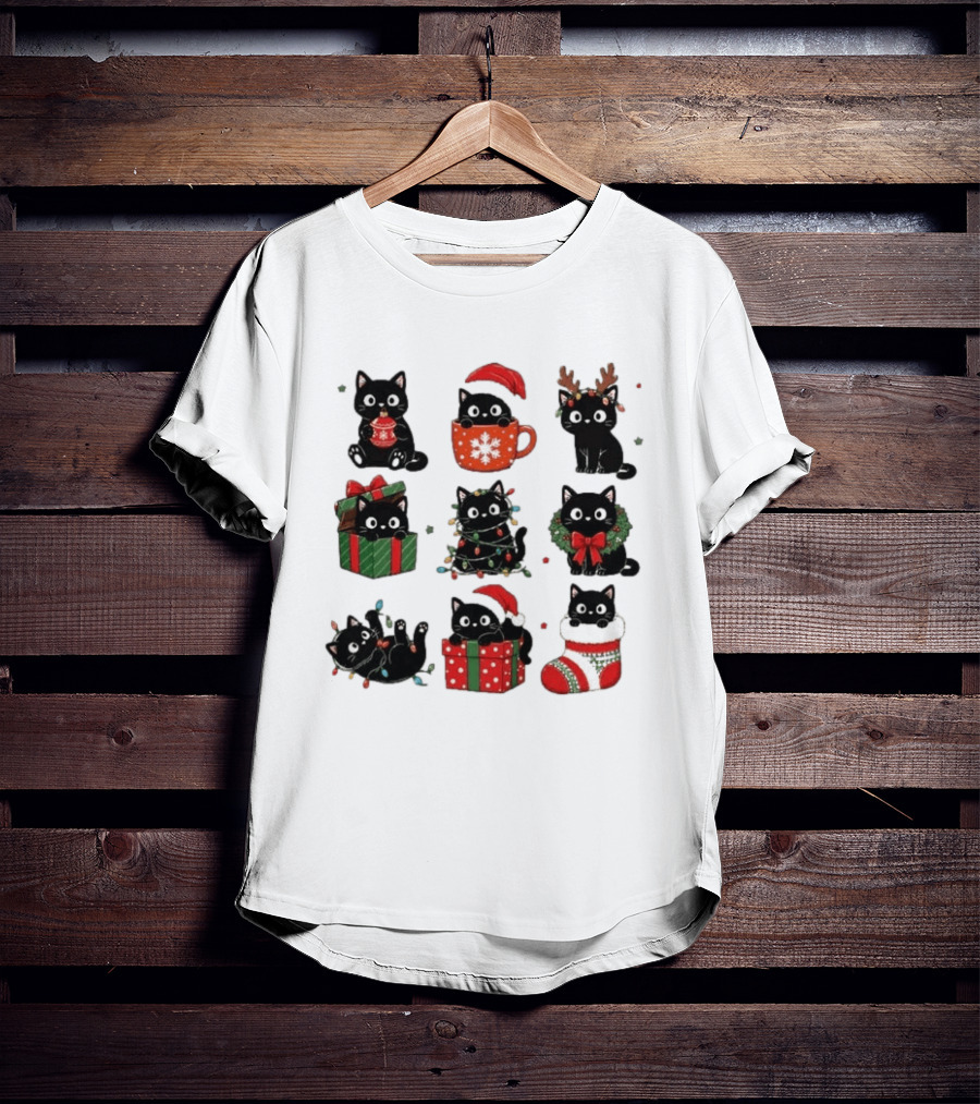 Black Cats Christmas Grid T-Shirt