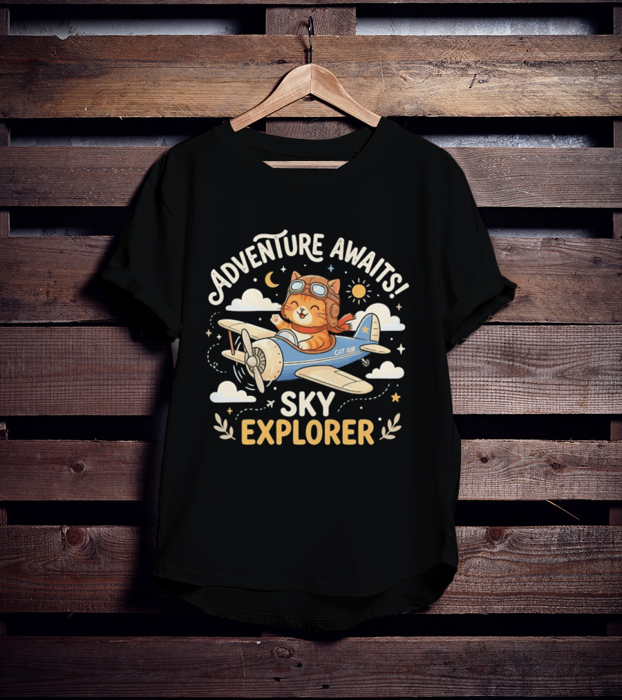 Adventure Awaits Cat Sky Explorer Airplane T-Shirt