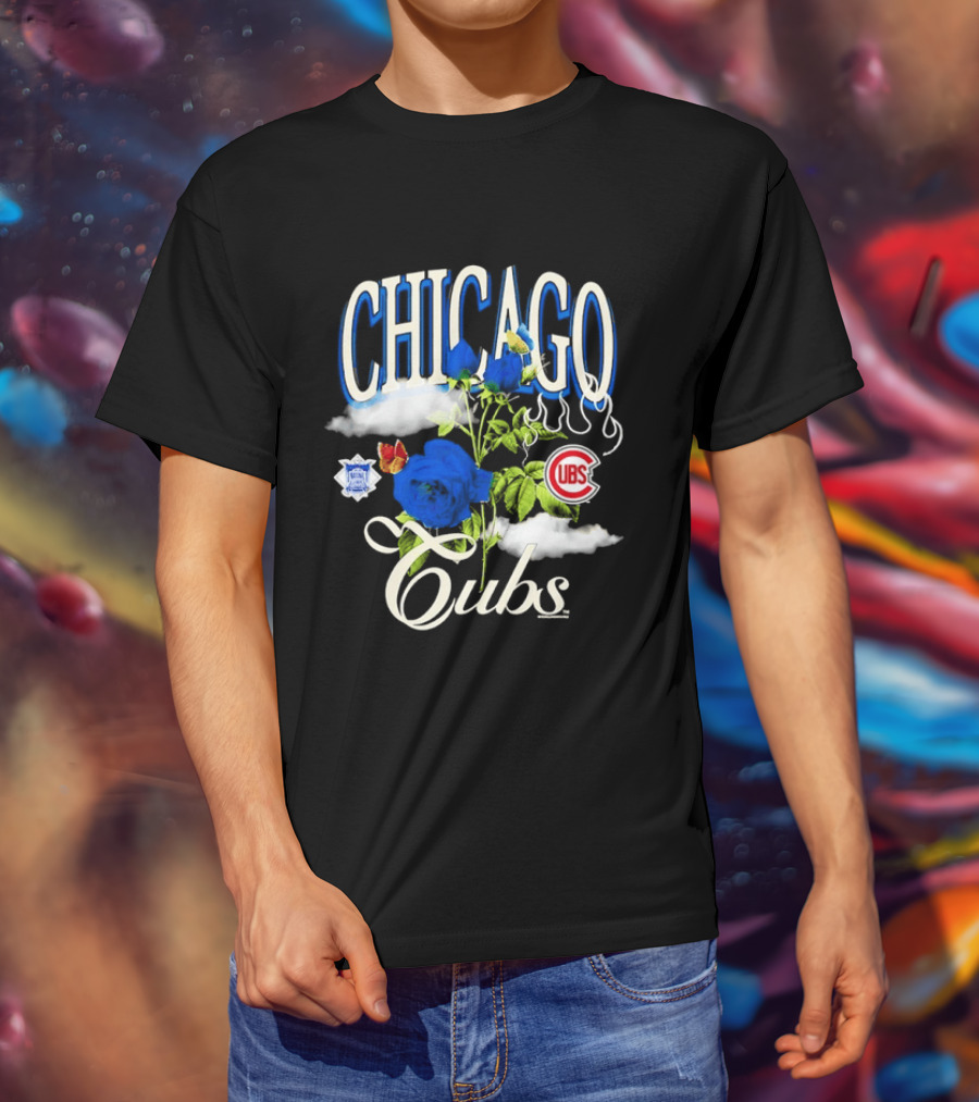 Chicago Cubs National League Blue Floral Rose Clouds T-Shirt