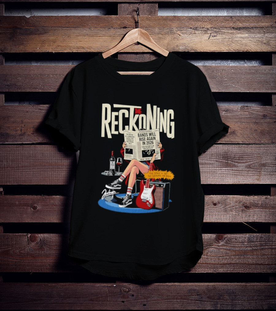 The Reckoning Bands Will Rise Again 2026 Woman Reading Newspaper Red Electric Guitar Amp T-Shirt