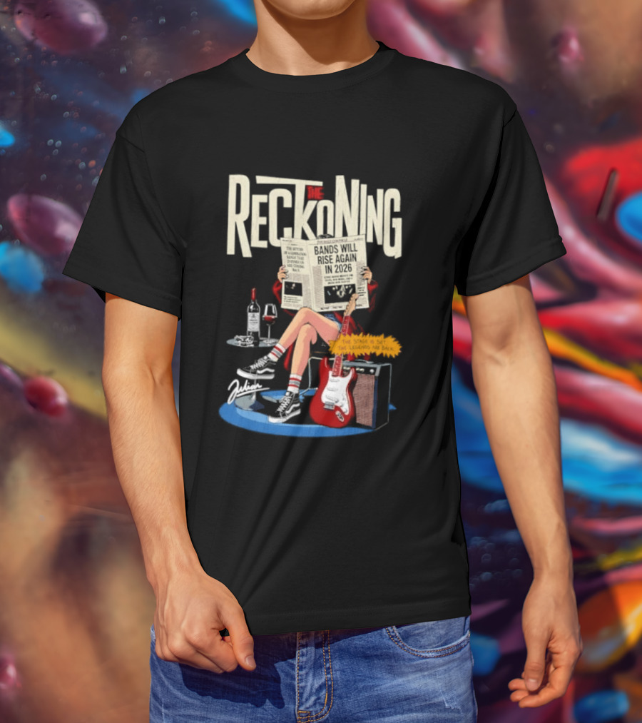 The Reckoning Bands Will Rise Again 2026 Woman Reading Newspaper Red Electric Guitar Amp T-Shirt