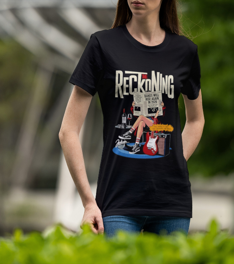 The Reckoning Bands Will Rise Again 2026 Woman Reading Newspaper Red Electric Guitar Amp T-Shirt