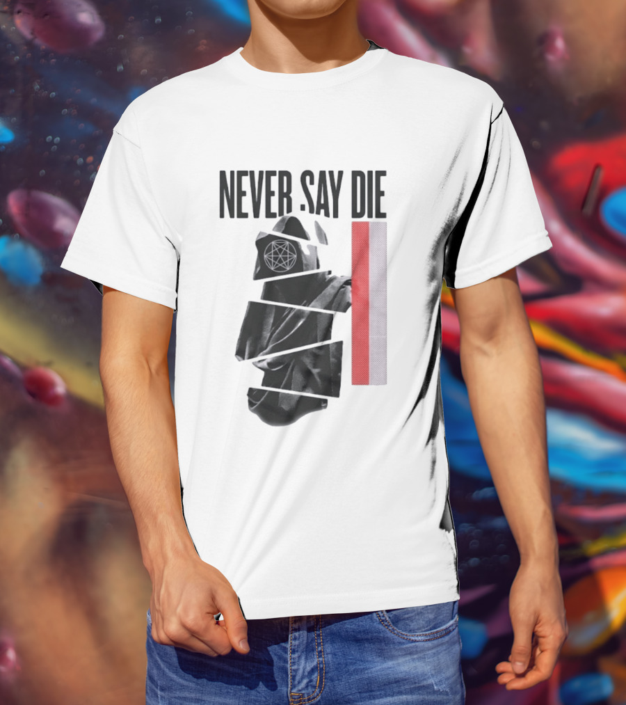 Never Say Die Hooded Occult Figure With Pentagram Halftone T-Shirt