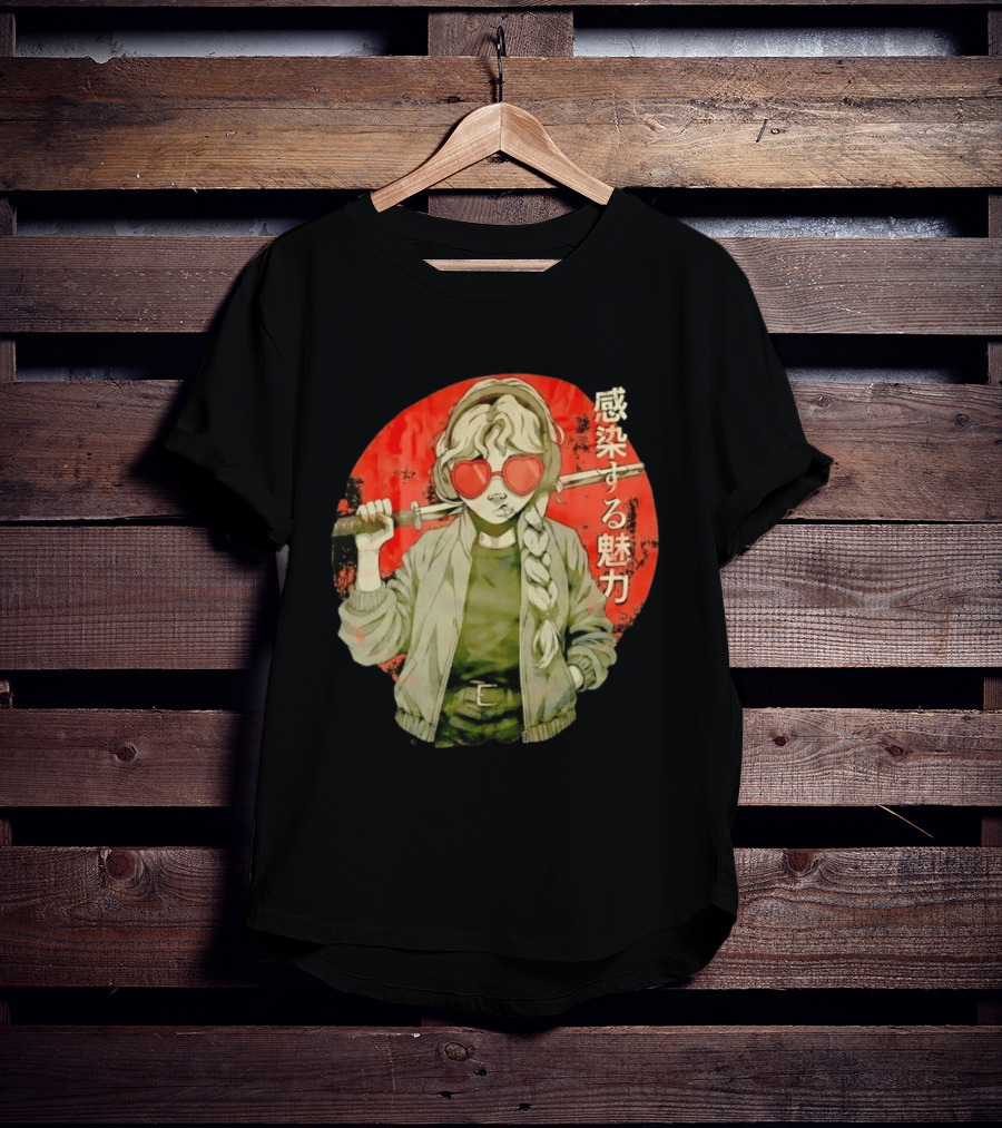 Anime Katana Girl Infectious Charm Heart Sunglasses Braided Hair T-Shirt