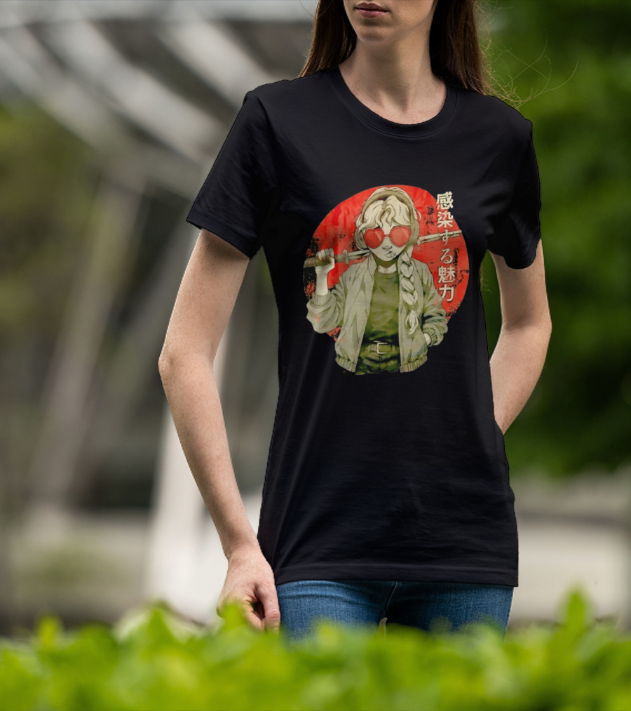 Anime Katana Girl Infectious Charm Heart Sunglasses Braided Hair T-Shirt