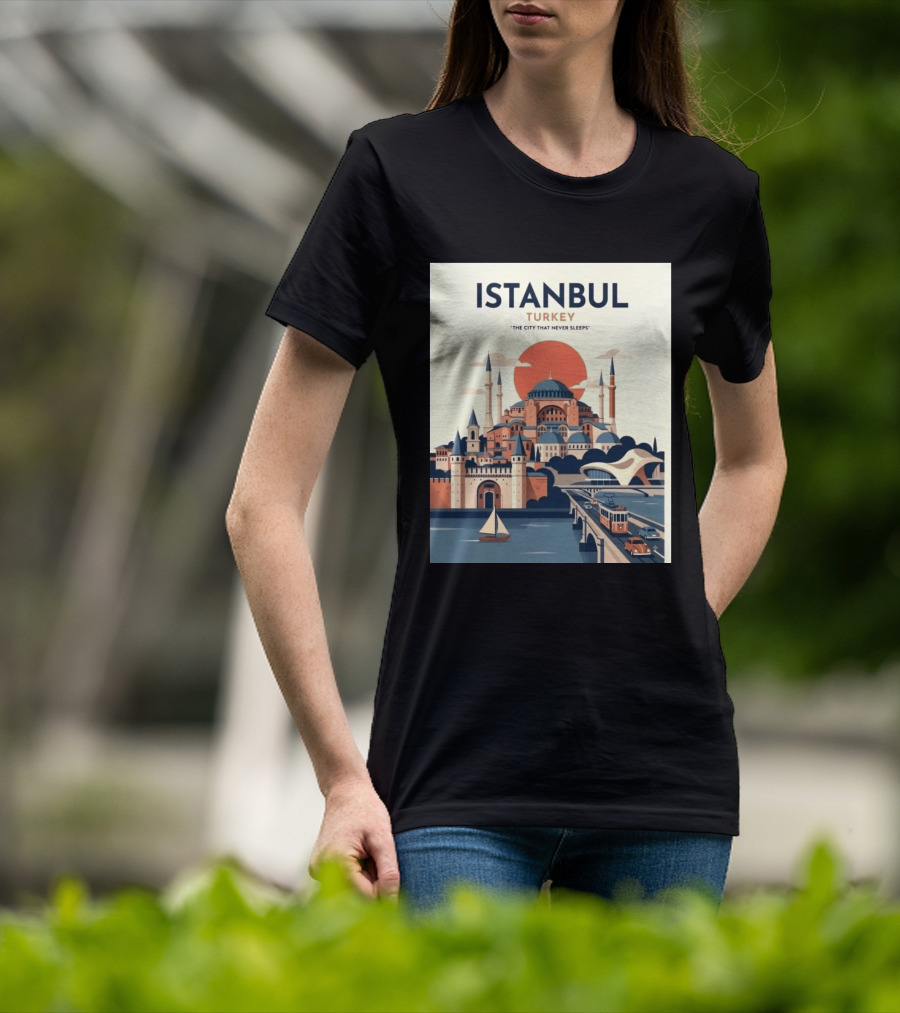Istanbul Turkey The City That Never Sleeps Iconic Landmarks Urban Skyline Retro Style Scenic Tram And Sailboat T-Shirt
