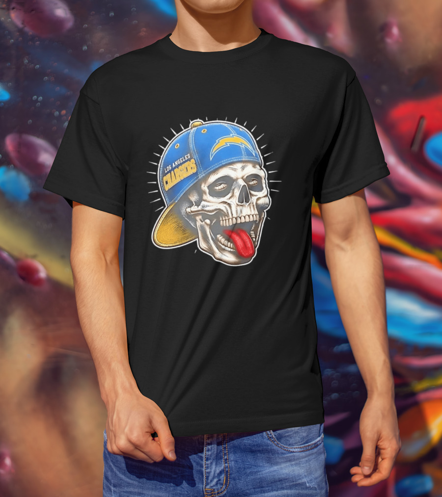 Los Angeles Chargers Skull Tongue Out Cap Football T-Shirt