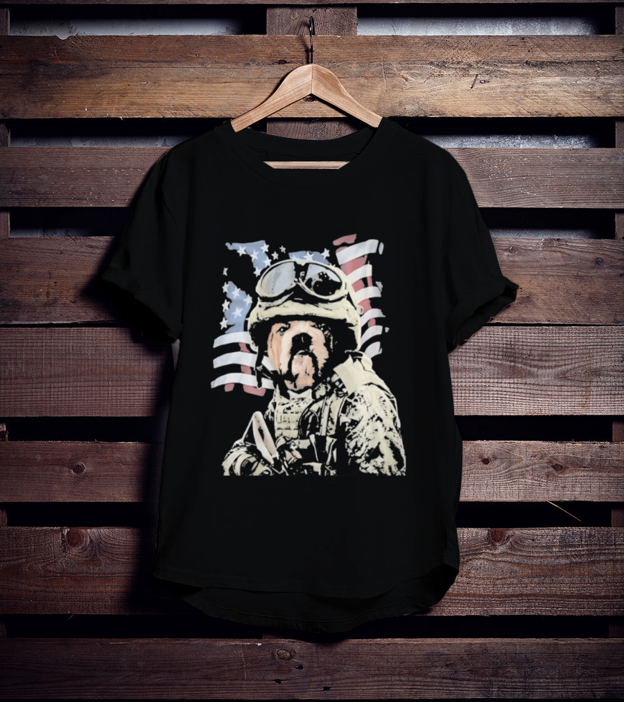American Bulldog Soldier With United States Flag Goggles And Military Gear T-Shirt