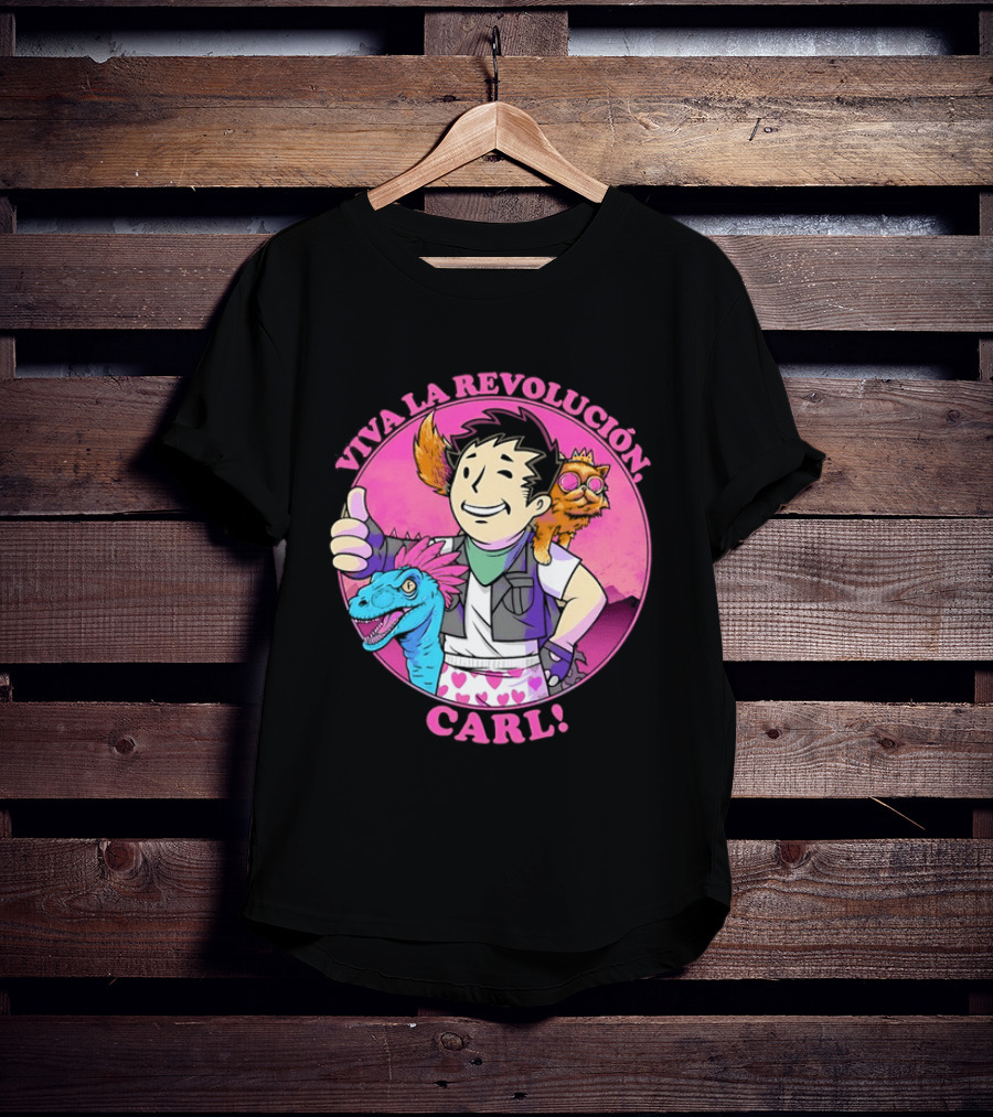 Viva La Revolución Carl Fallout Vault Boy Dinosaur Cat T-Shirt