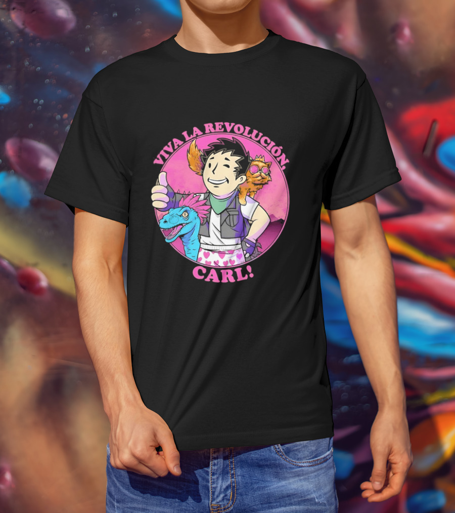 Viva La Revolución Carl Fallout Vault Boy Dinosaur Cat T-Shirt