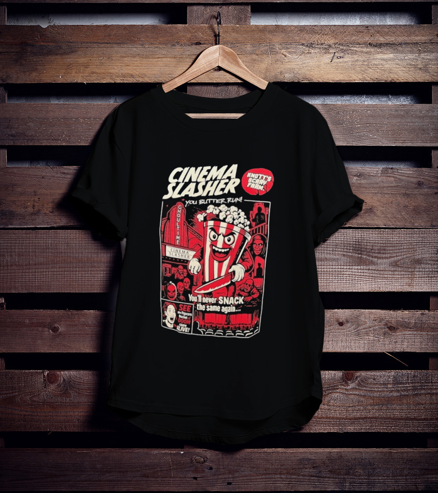 Cinema Slasher You Butter Run Knott's Scary Farm Popcorn Bucket Of Doom T-Shirt