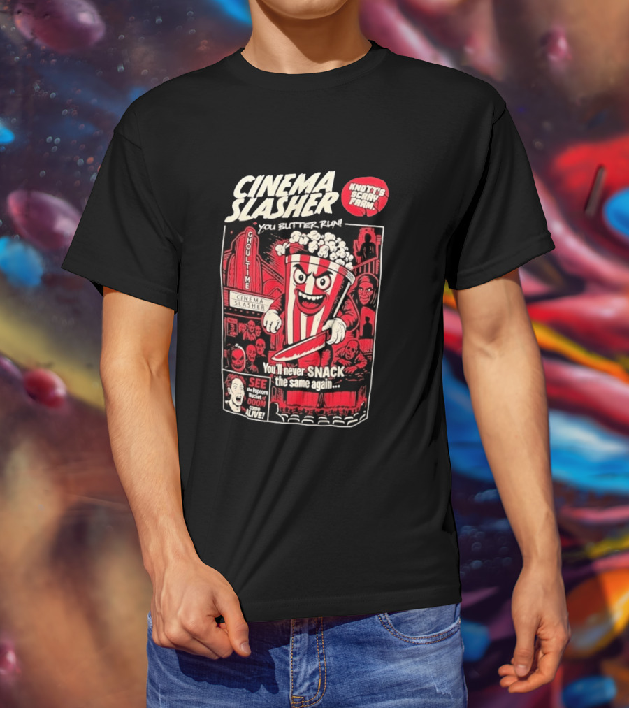 Cinema Slasher You Butter Run Knott's Scary Farm Popcorn Bucket Of Doom T-Shirt