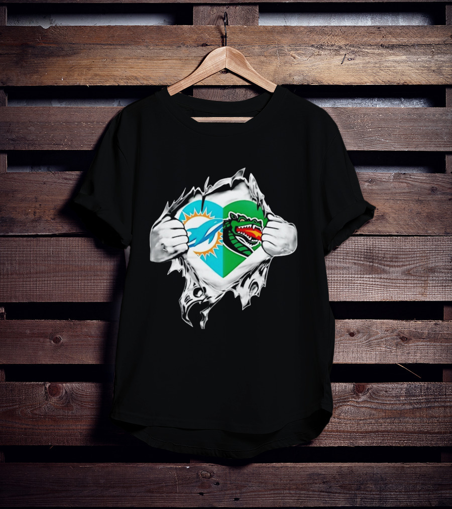 Miami Dolphins UAB Blazers Heart Superman Chest Rip T-Shirt