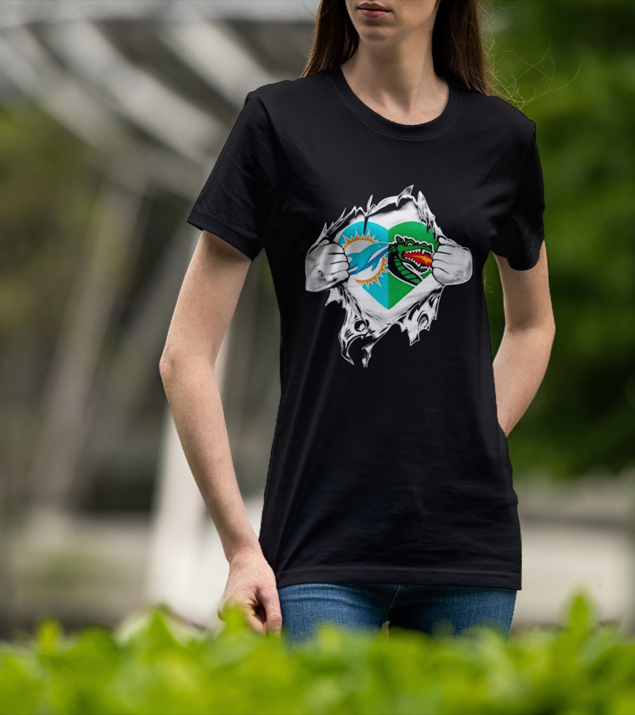 Miami Dolphins UAB Blazers Heart Superman Chest Rip T-Shirt