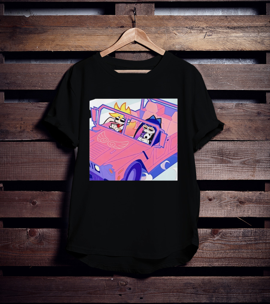 Panty And Stocking With Garterbelt Anime Characters Riding In Pink Car T-Shirt