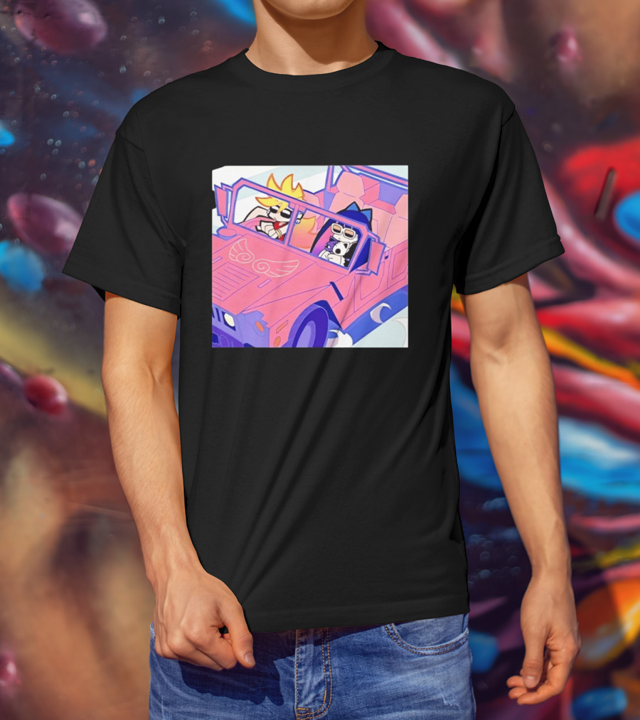 Panty And Stocking With Garterbelt Anime Characters Riding In Pink Car T-Shirt