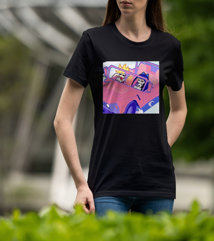 Panty And Stocking With Garterbelt Anime Characters Riding In Pink Car T-Shirt
