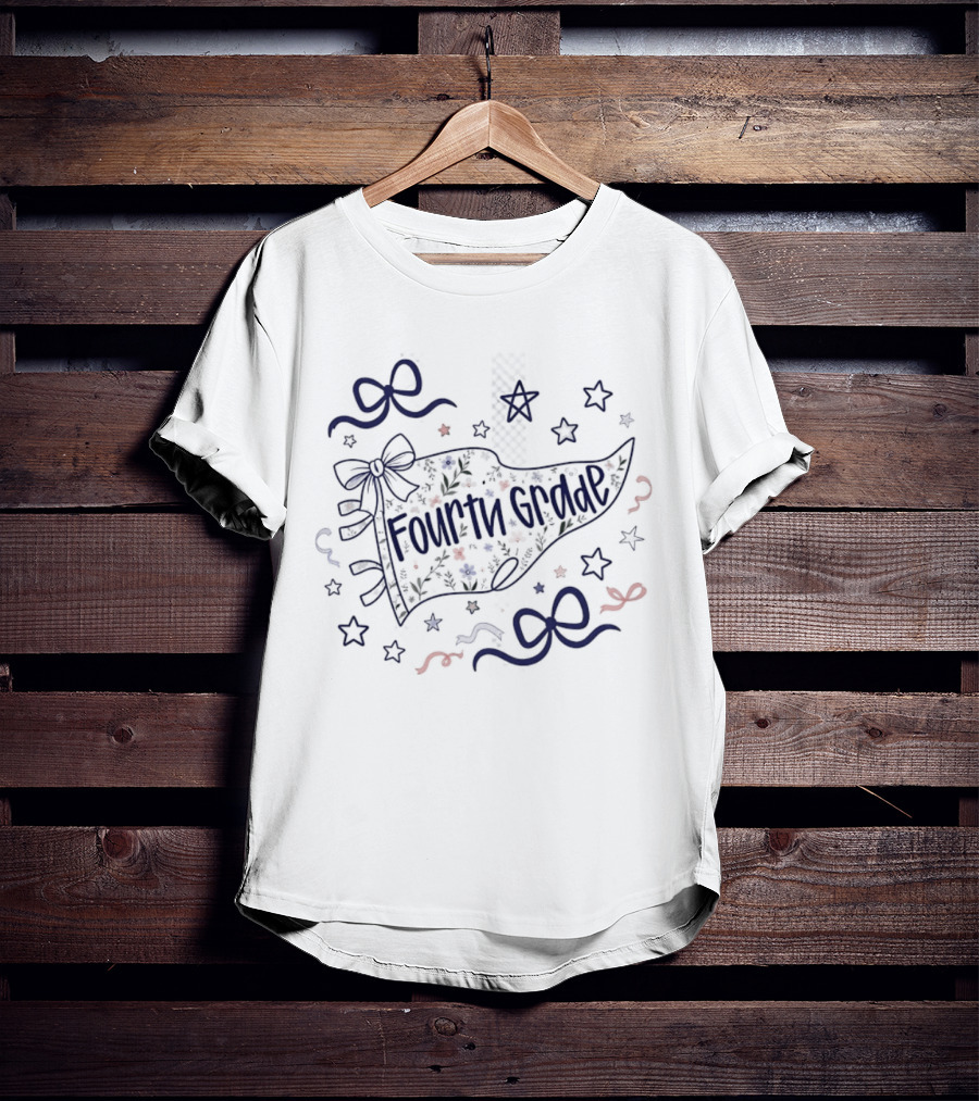Fourth Grade Floral Pennant Bows And Stars Back To School T-Shirt