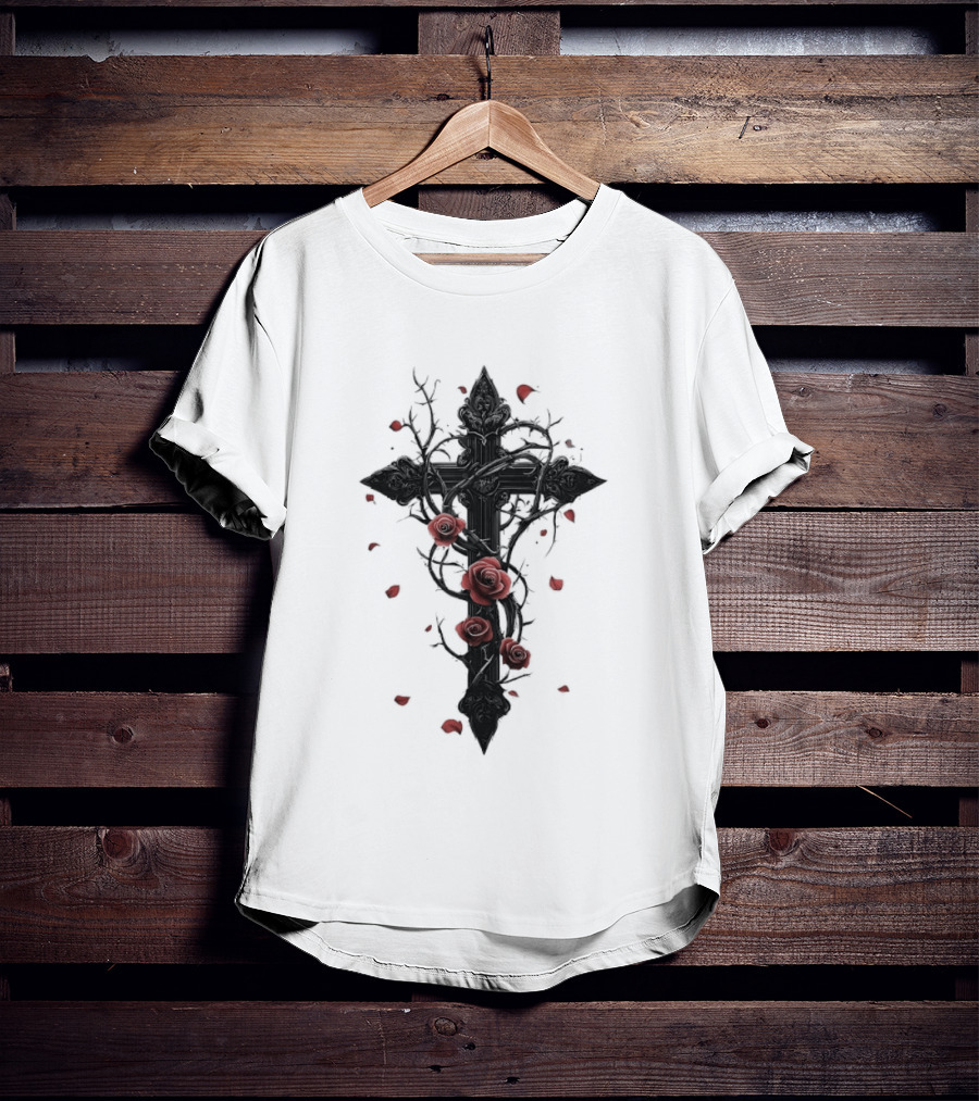 Gothic Cross Red Roses Thorns Religious Symbol Roses T-Shirt
