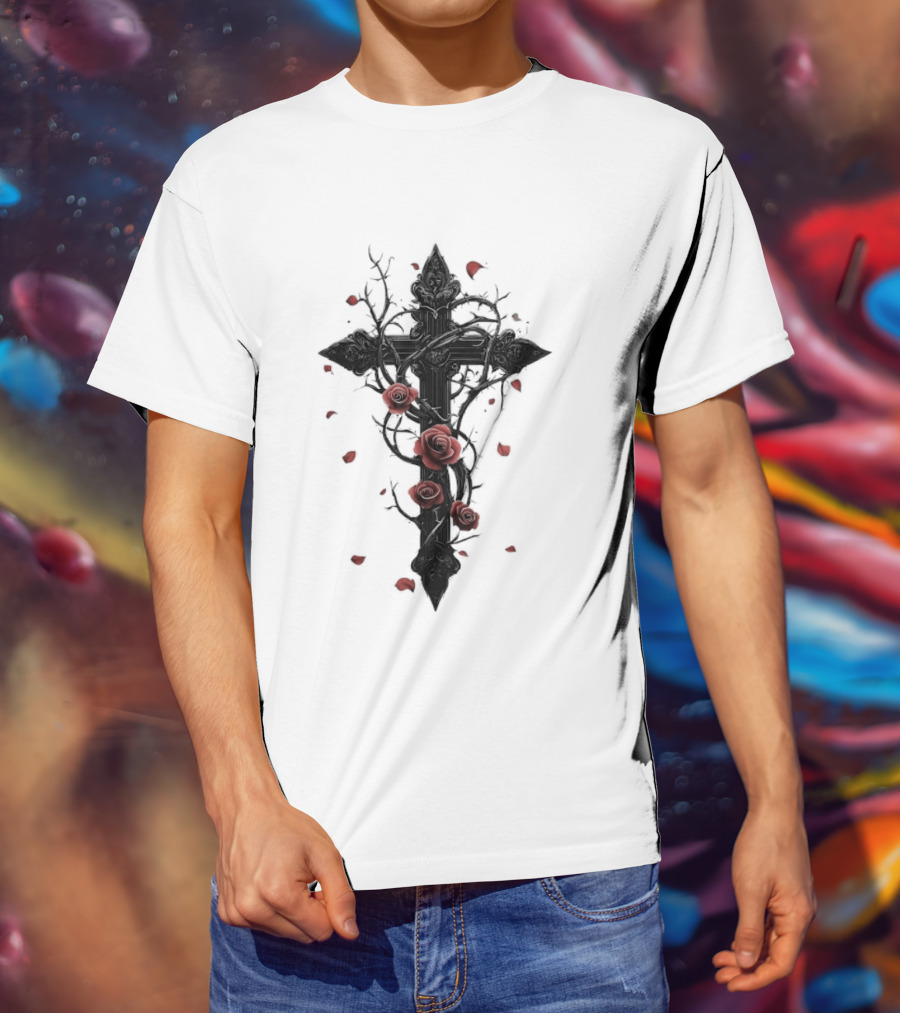 Gothic Cross Red Roses Thorns Religious Symbol Roses T-Shirt