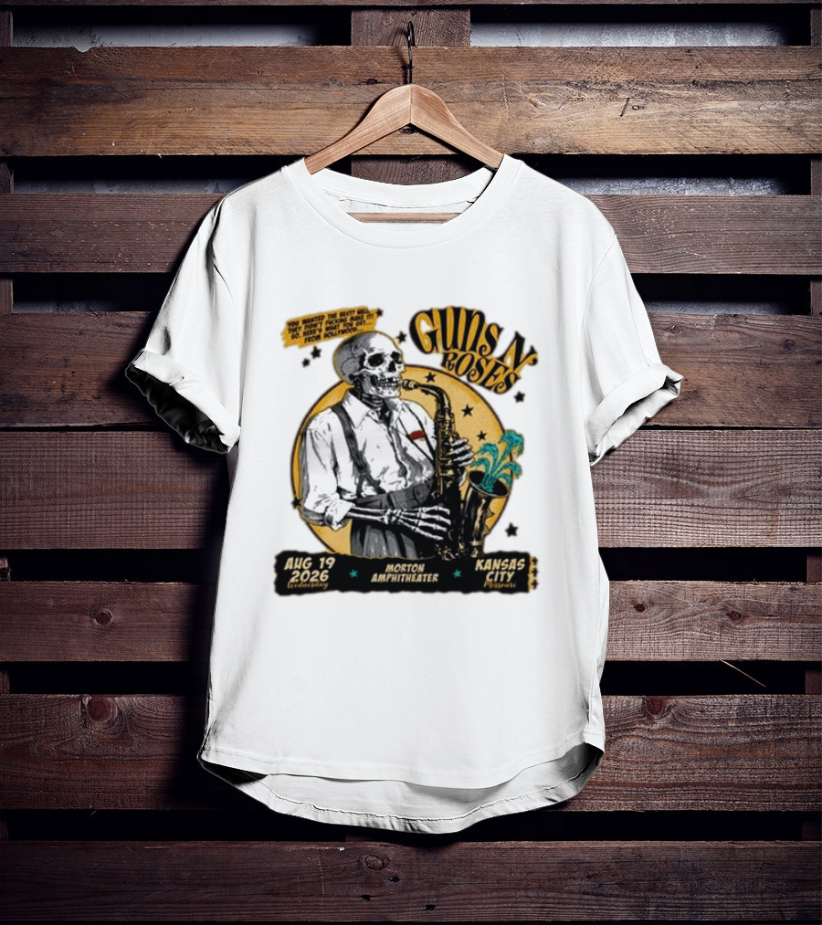 Guns N' Roses Aug 19 2026 Morton Amphitheater Kansas City Skeleton Saxophone T-Shirt