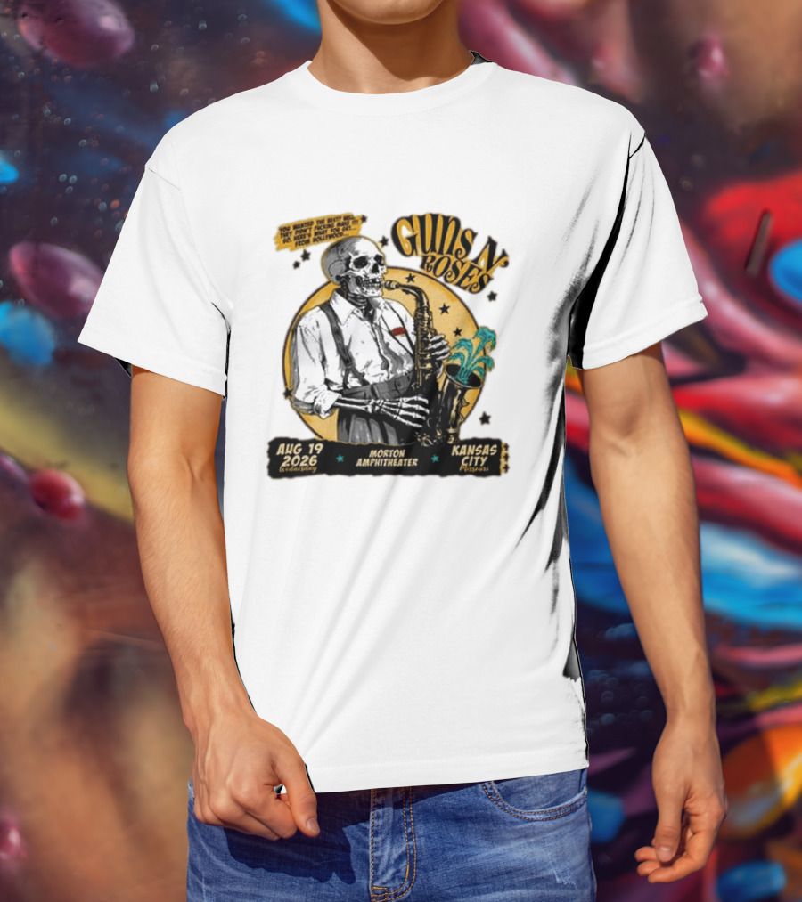 Guns N' Roses Aug 19 2026 Morton Amphitheater Kansas City Skeleton Saxophone T-Shirt