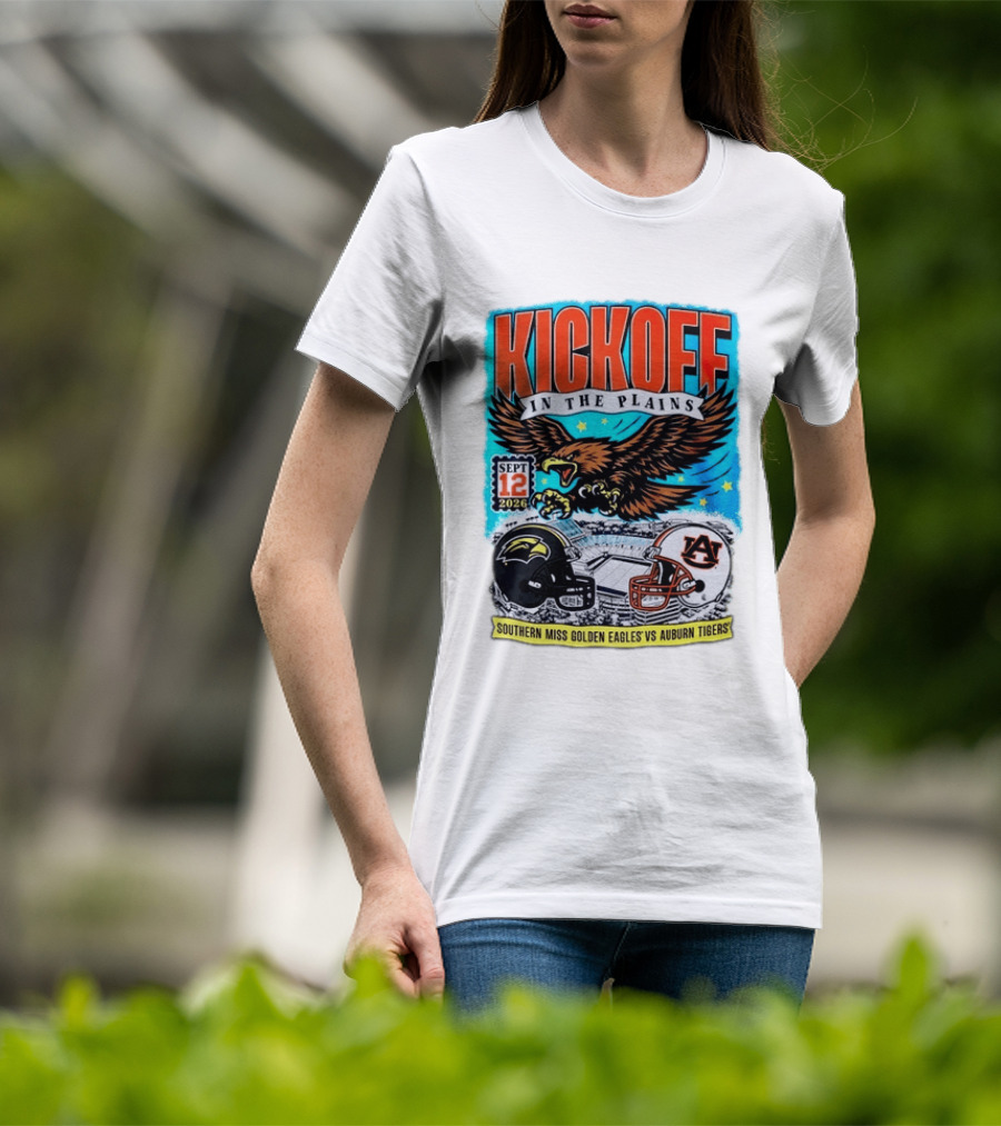 Kickoff In The Plains Southern Miss Golden Eagles Vs Auburn Tigers Sept 12 2026 Football Matchup T-Shirt