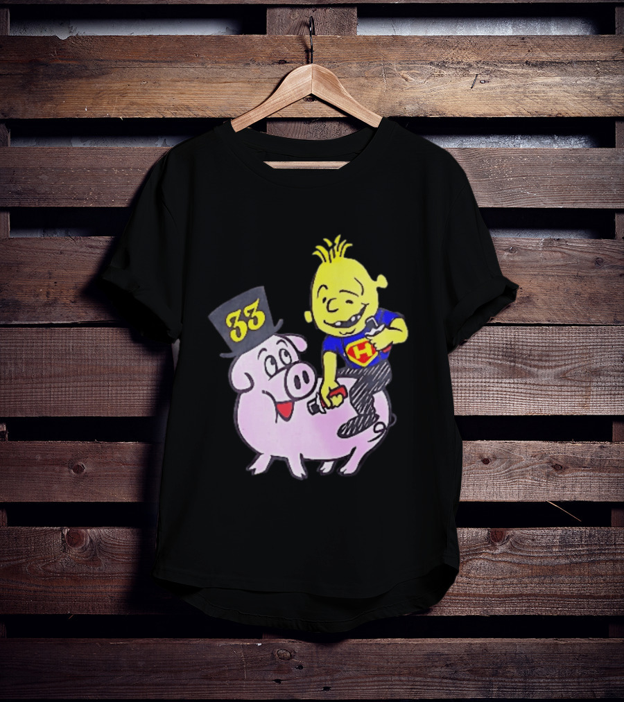 33 Cartoon Boy Yellow Hair Riding Pink Pig Black Top Hat H Hero T-Shirt