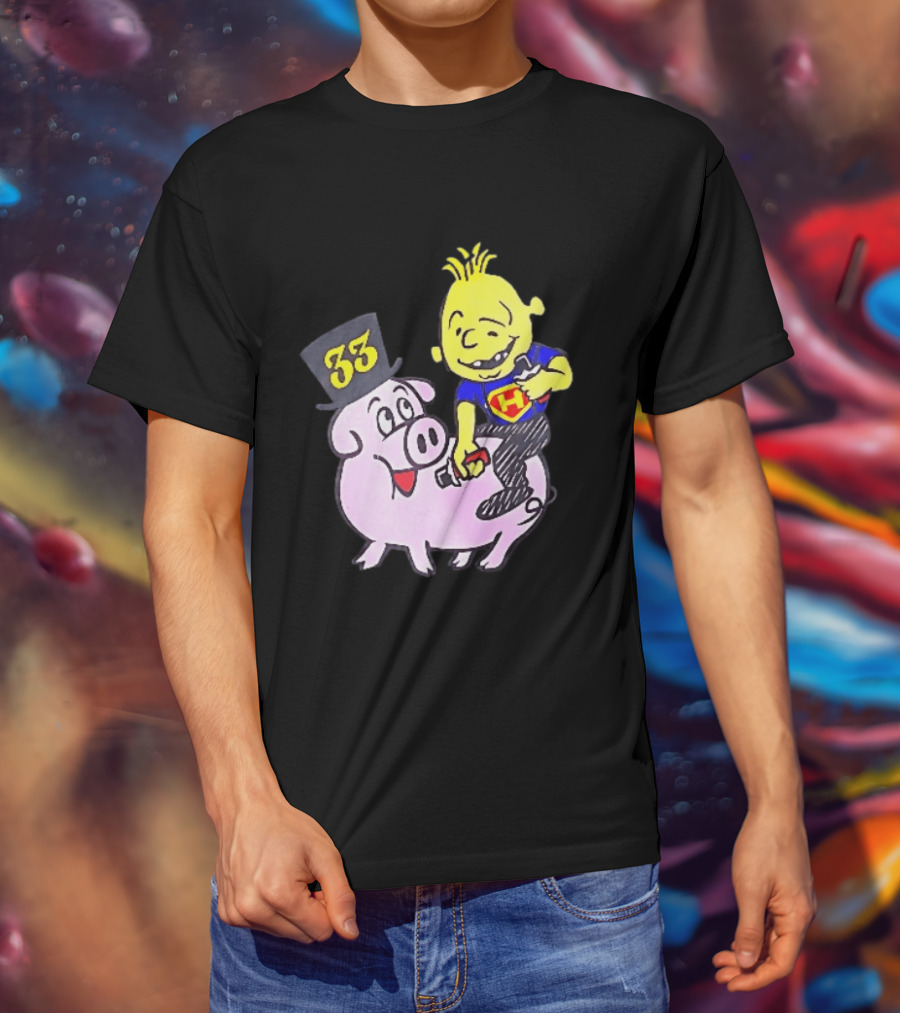 33 Cartoon Boy Yellow Hair Riding Pink Pig Black Top Hat H Hero T-Shirt