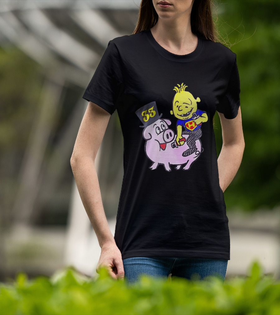33 Cartoon Boy Yellow Hair Riding Pink Pig Black Top Hat H Hero T-Shirt