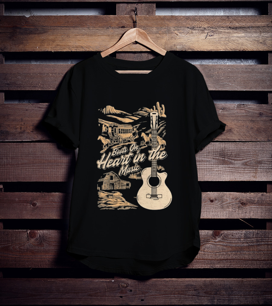 Boots On Heart In The Music Acoustic Guitar Cowboy Stagecoach Barn Scene T-Shirt
