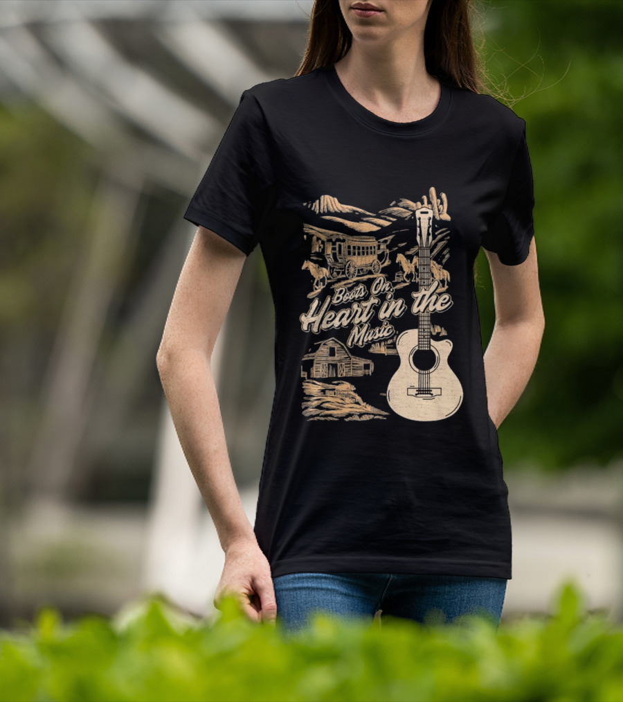 Boots On Heart In The Music Acoustic Guitar Cowboy Stagecoach Barn Scene T-Shirt