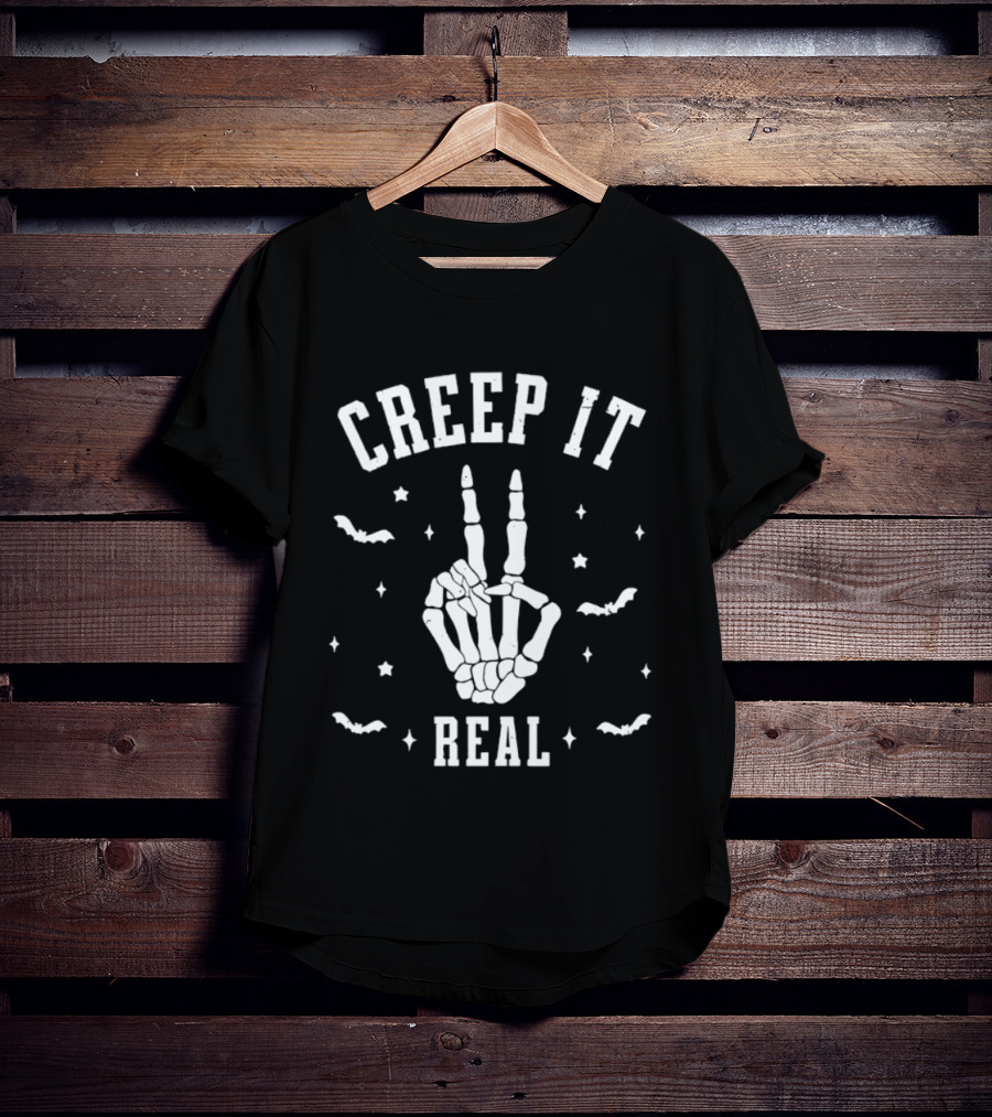 Creep It Real Skeleton Hand Peace Sign Halloween Bats Stars T-Shirt
